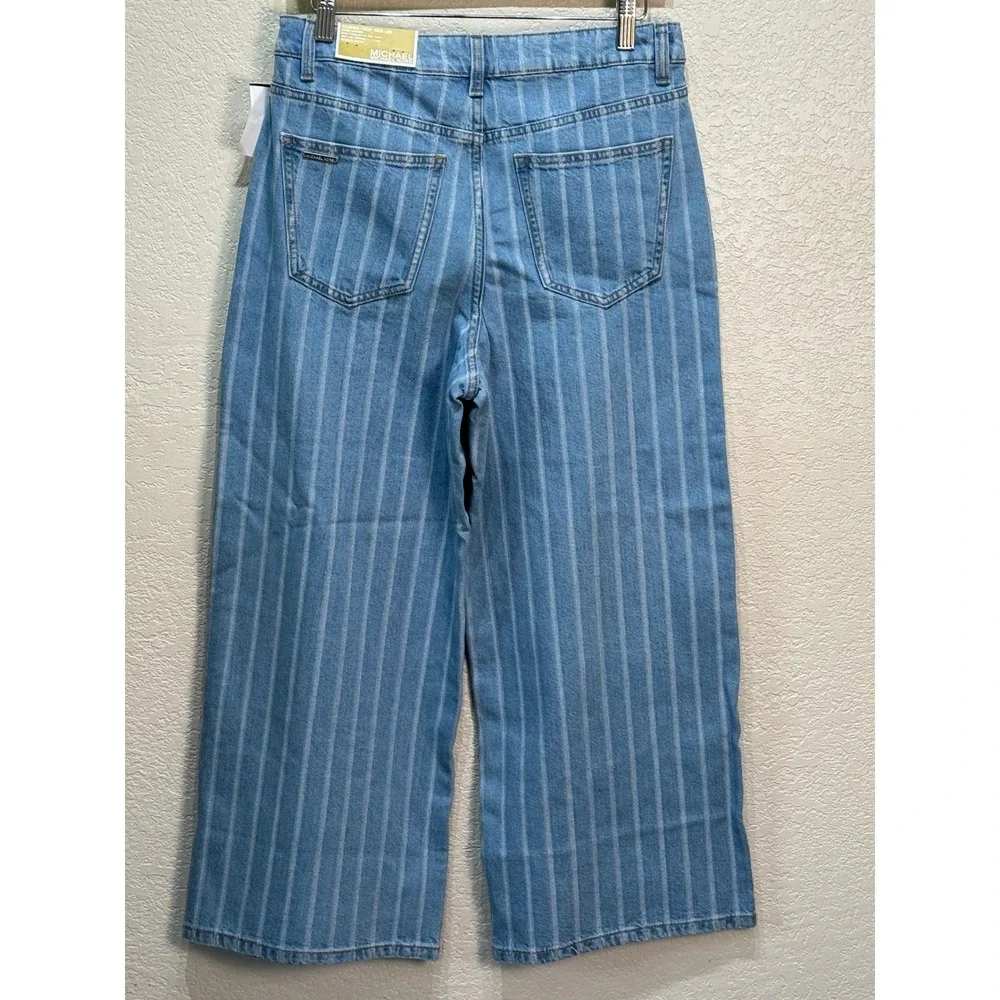 Michael Kors Carmen Crop Wide Leg Pinstripe Jeans Light Indigo Size 6 NWT
